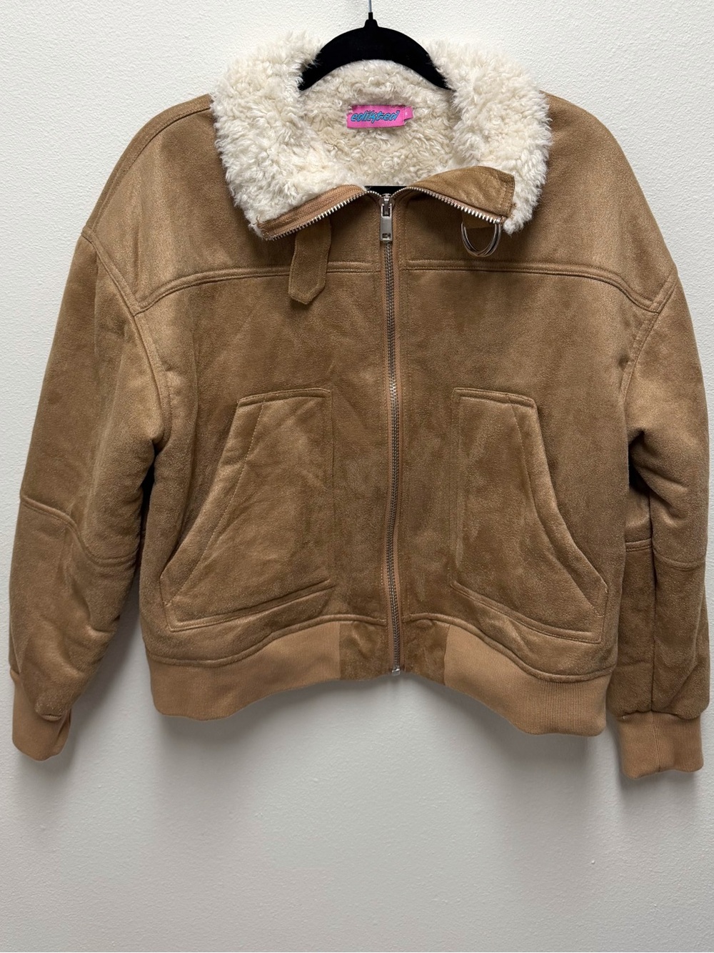 Edikted Tan Suede Bomber Jacket with Cream Sherpa Collar Size M